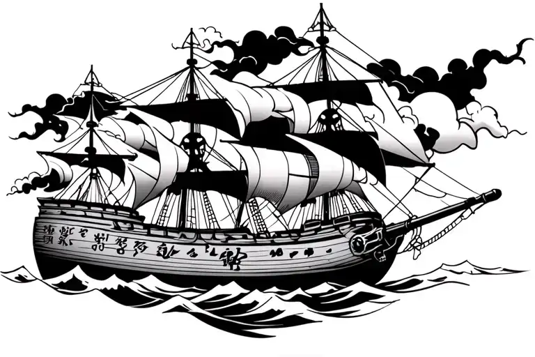 Pirate ship in the storm firing broadside cannons  with a ghostly skull and cross bones above in a japanese tatto style tattoo design idea