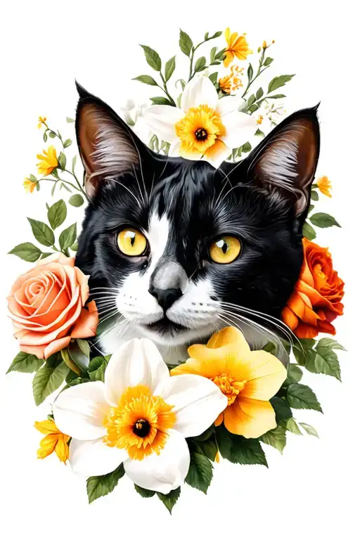 black and white cat head surrounded by rose. marigold and daffodil vintage flowers tattoo design idea