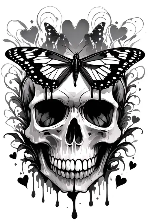 butterflies, blood, skull, hearts tattoo design idea