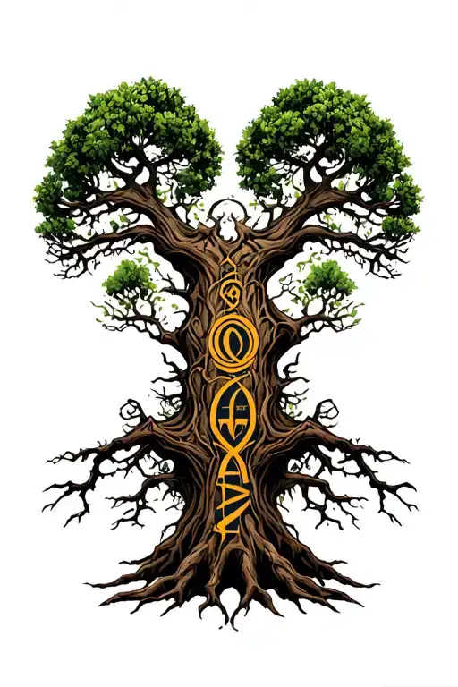 tree is bare branched covers the whole back.  "Gomez" in  furthark runic horizontal in the outline. no shading tattoo design idea
