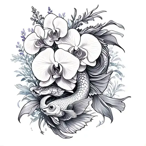 a quarter sleeve tattoo with orchids blooms, lavender springs, kio fish, and dragon tattoo design idea