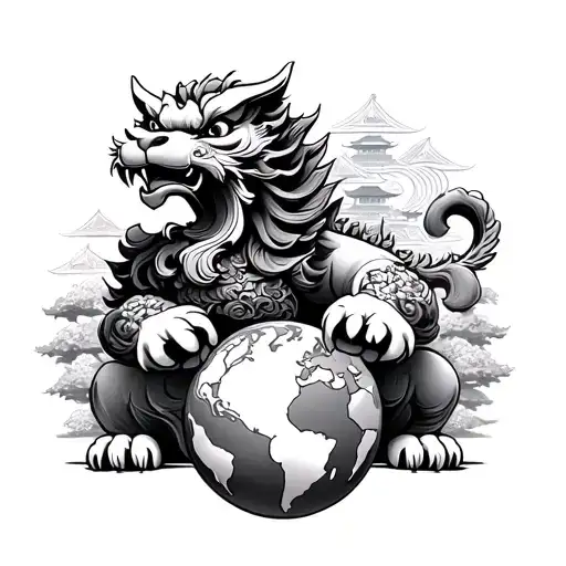 Foo dog, with the globe under one paw. And behind it a traditional Chinese temple. ancientchinese art style tattoo design idea