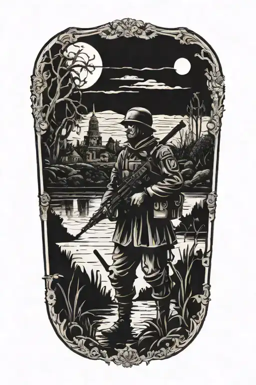 A blackwork tattoo of a veteran soldier standing guard in a haunted bayou, with ghostly figures and ancient ruins in the background tattoo design idea