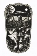 A blackwork tattoo of a veteran soldier standing guard in a haunted bayou, with ghostly figures and ancient ruins in the background tattoo design idea