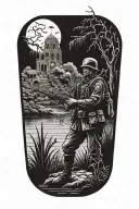 A blackwork tattoo of a veteran soldier standing guard in a haunted bayou, with ghostly figures and ancient ruins in the background tattoo design idea