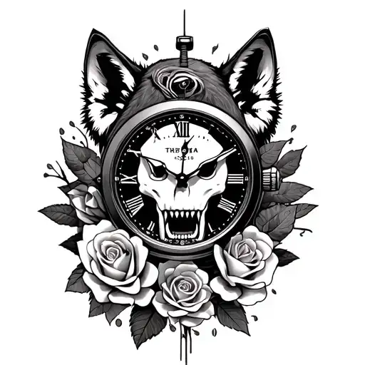 Skeleton watch with roses entwined, a wolf showing teeth, and mechanical themes tattoo design idea