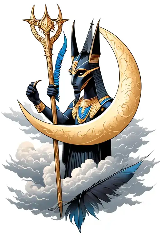 Anubis holding crescent moon staff with feather at the bottom with clouds tattoo design idea