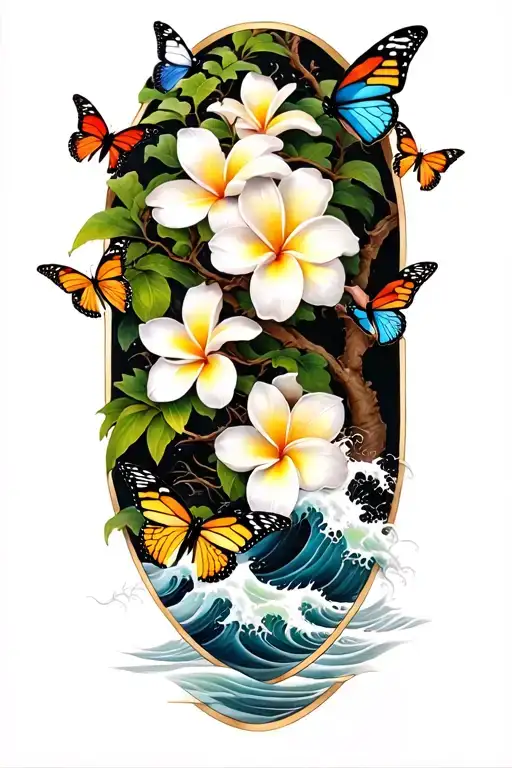 butterflies around a Frangipani tree with waves crashing tattoo design idea