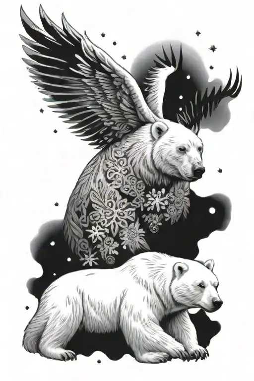 mother daughter polar bear surrounded with snowflakes and angel wings tattoo design idea