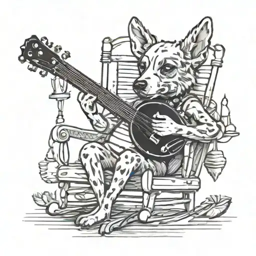 dog playing banjo in rocking chair drinking a martini tattoo design idea