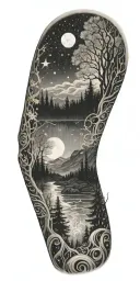 flowing waves, surrounded by a mystical forest scene,subtle elements of sacred geometry and glowing stars and light tattoo design idea