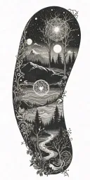 flowing waves, surrounded by a mystical forest scene,subtle elements of sacred geometry and glowing stars and light tattoo design idea