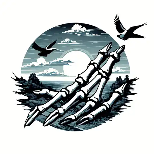 skeleton hand with sunset clouds and birds background  tattoo design idea