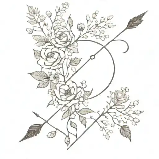 arrow surrounded by hawthorns, roses, asters and chrysanthemums  tattoo design idea