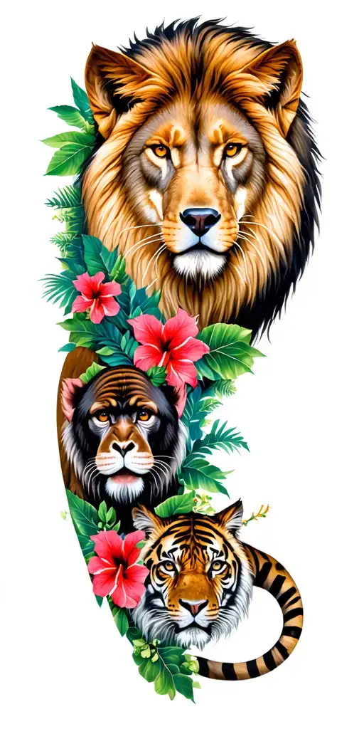 realistic Lion, wolf, monkey, and tigress, with greenery and hibiscus flowers, left arm sleeve- full color tattoo design idea