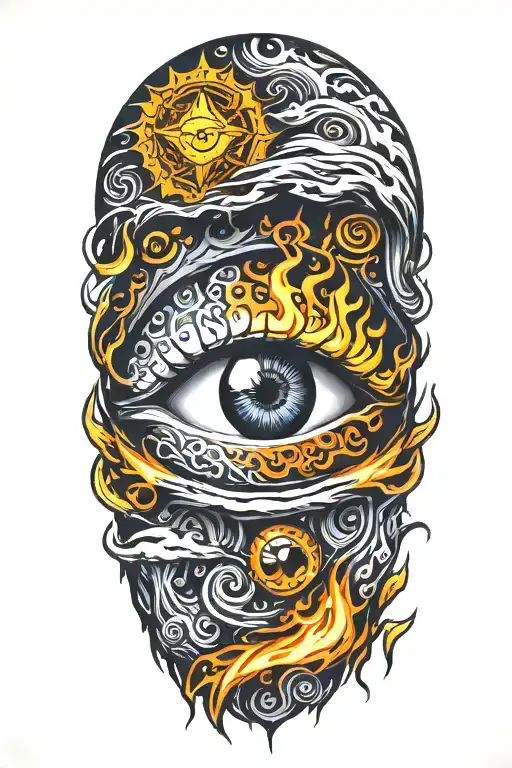 eye and fire,sun. florida psycedelic tattoo design idea