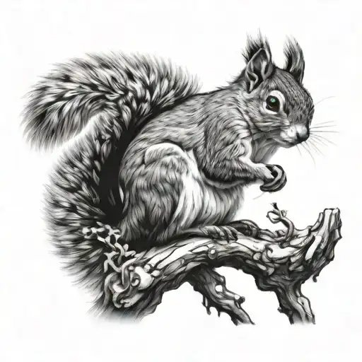 "A highly detailed, realistic black-and-white tattoo design of a squirrel with a bold and resilient appearance, yet exud tattoo design idea