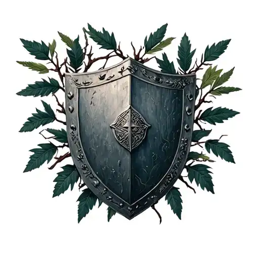 red Roman legionary shield covered in Branches with detailed leaves tattoo design idea