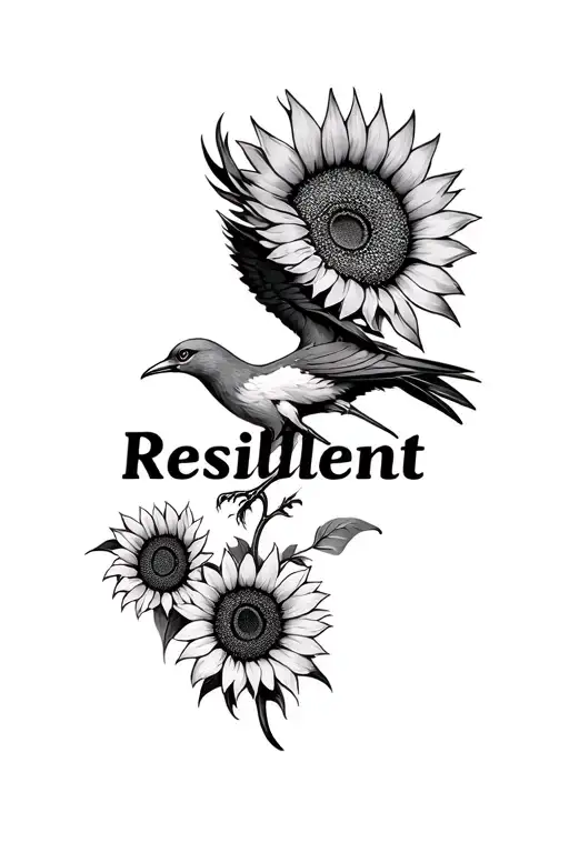 "Resilient." pheonix bird and sunflower intertwined tattoo design idea