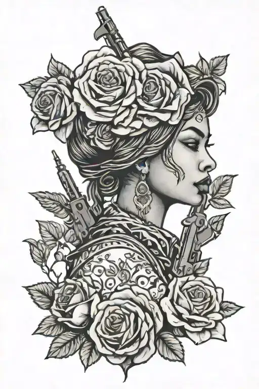 ak47, roses, black woman face tattoo design idea