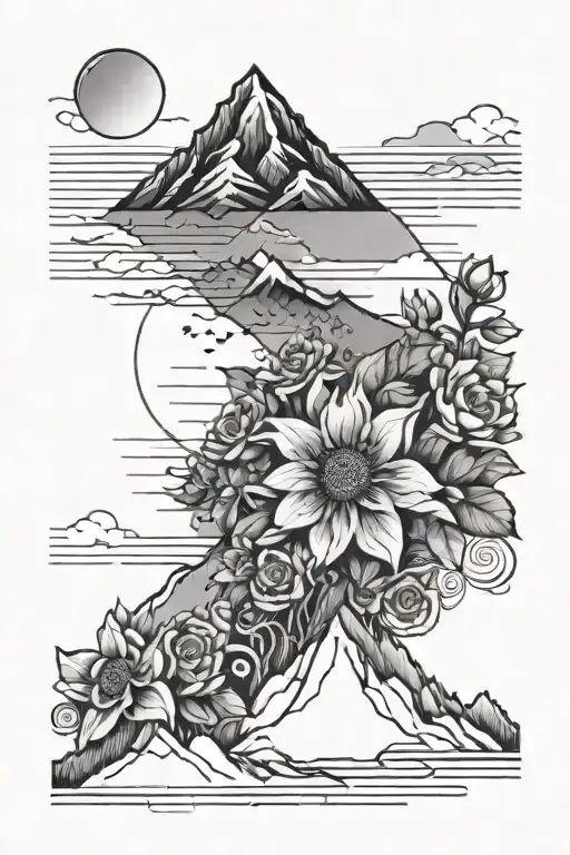 topographical lines with flowers and moutain range outline along with sun and starrs  tattoo design idea
