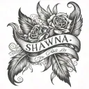The name Shawna with a feather pen writing underneath: 12/03/2012 is the day my life began with you. tattoo design idea