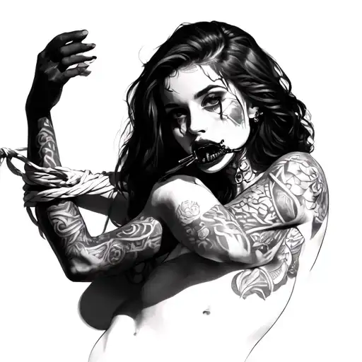 BDSM, a naked tattoved woman who is tied up and has a gag in his mouth tattoo design idea