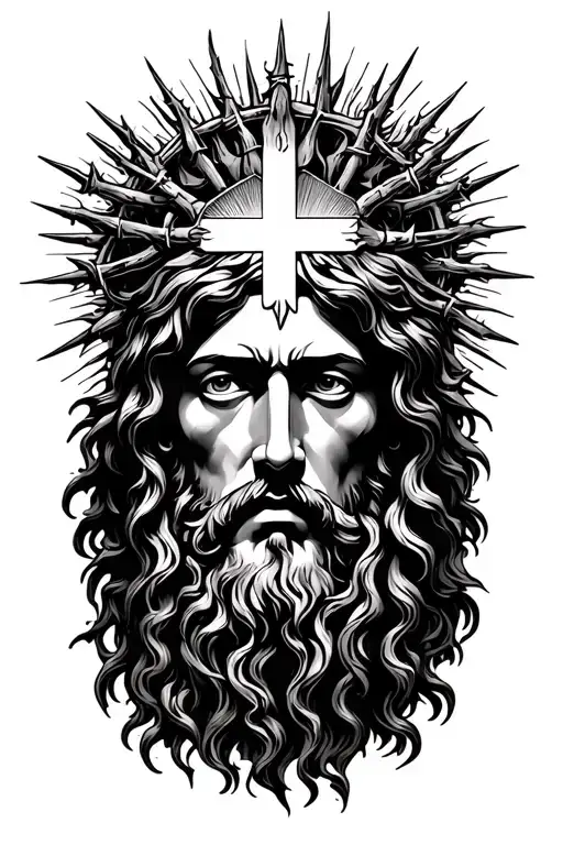 Jesus, mountain Golghata, cross, thorn crown on Jesus head, gaps should be filled like sun rays, Jesus Ste tattoo design idea