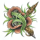 A tattoo consuming my right forearm. Wrapped around the wrist is wavy green grass blades. Coming from the blades are wis tattoo design idea