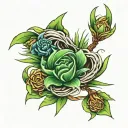 A tattoo consuming my right forearm. Wrapped around the wrist is wavy green grass blades. Coming from the blades are wis tattoo design idea