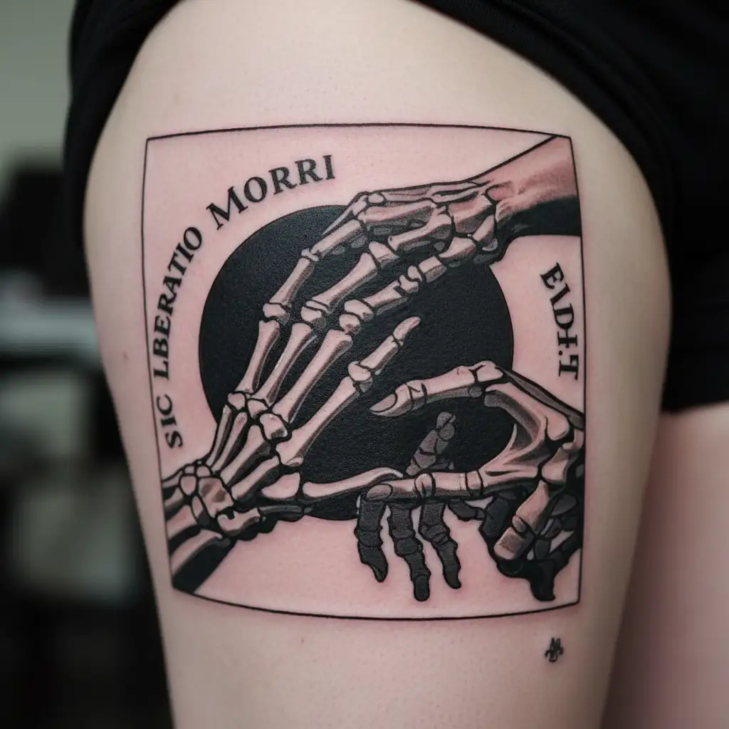 "Memento Mori" It is a skeleton hand and a human hand recreating the "Creation of Adam" with the words "Memento Mori" above it. Sleeve tattoo design idea