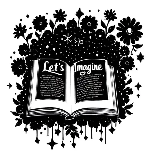"Let’s Imagine" minimalist open book with stars coming out of it moving up and flowers growing out of it moving down tattoo design idea