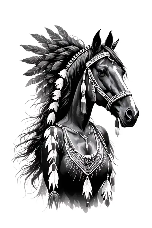 horse, Forest and native american woman tattoo design idea
