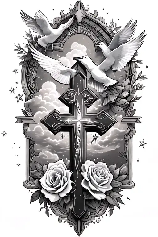 Clouds and White stars and doves and  a rose and a Catholic Cross tattoo design idea