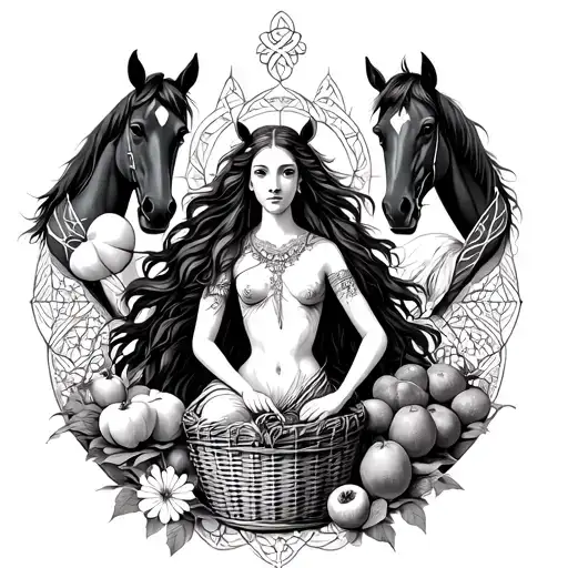 Celtic Goddess, Epona. surrounded by Horses and with a basket of fruit tattoo design idea