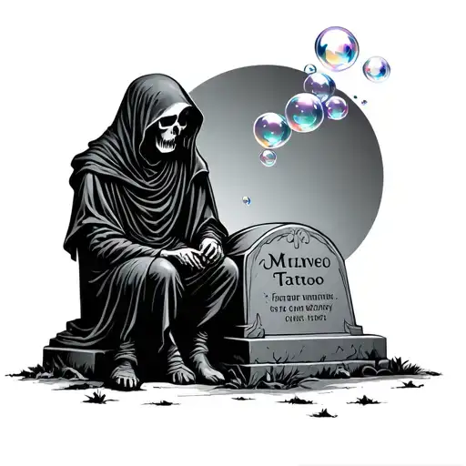 reaper sitting on tombstone blowing bubbles tattoo design idea