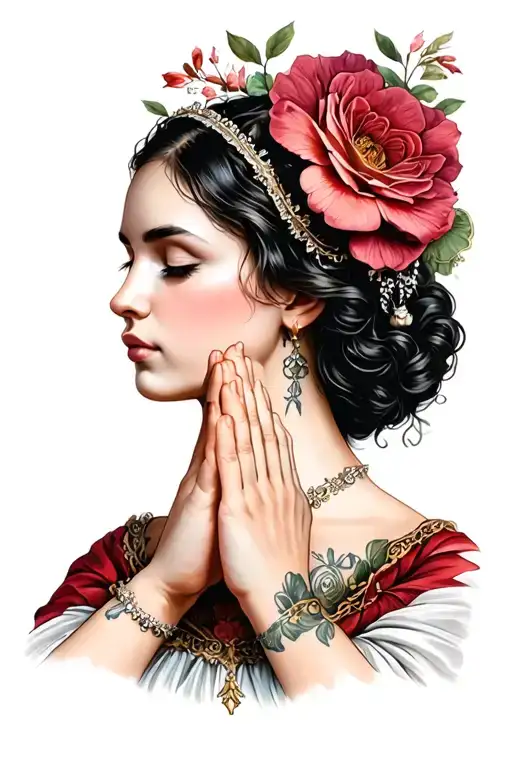 "Victoria " "Victoria" hands in prayer, in the hands of a cut tattoo design idea
