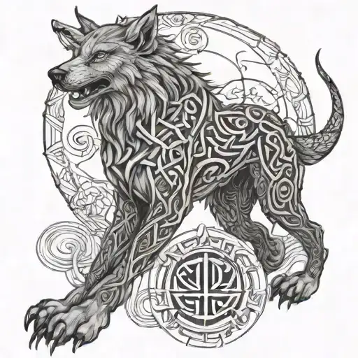 A fenrir perched on runes with intricate line work, and viking rune patterns woven into fur.  tattoo design idea
