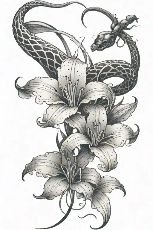a snake design wrapping around a spider lily flower tattoo design idea