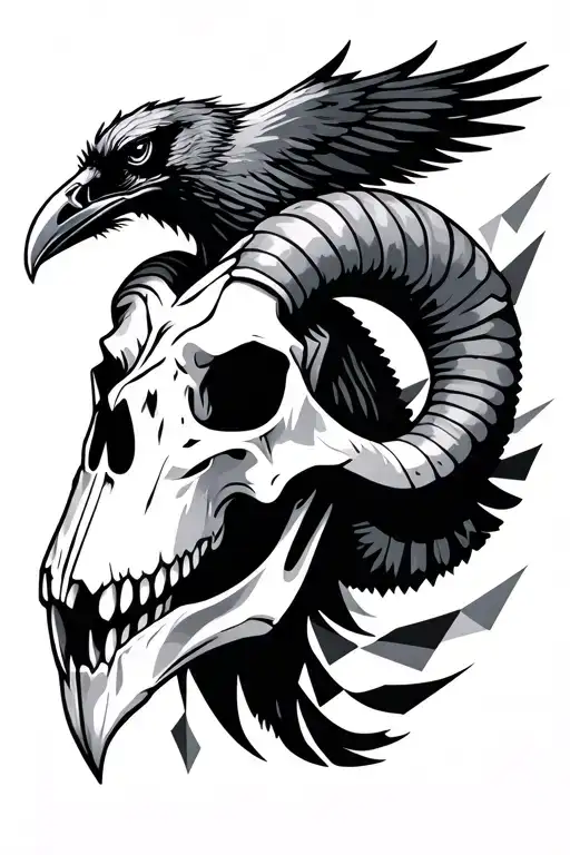 ram skull with raven bird and abstract geometric details tattoo design idea