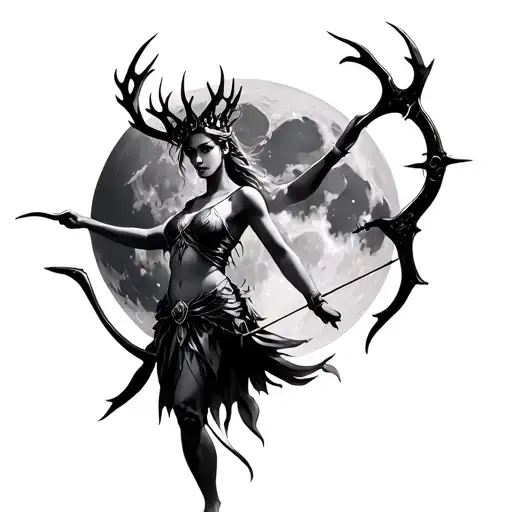 Artemis with an antler crown wielding her bow and arrow infront of a moon tattoo design idea