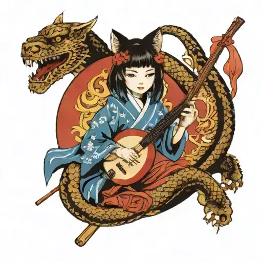 Japanese girl playing shamisen and samurai cat fighting snake tattoo design idea