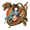 Japanese girl playing shamisen and samurai cat fighting snake tattoo design idea