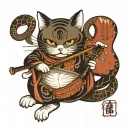 Japanese girl playing shamisen and samurai cat fighting snake tattoo design idea