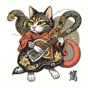 Japanese girl playing shamisen and samurai cat fighting snake tattoo design idea