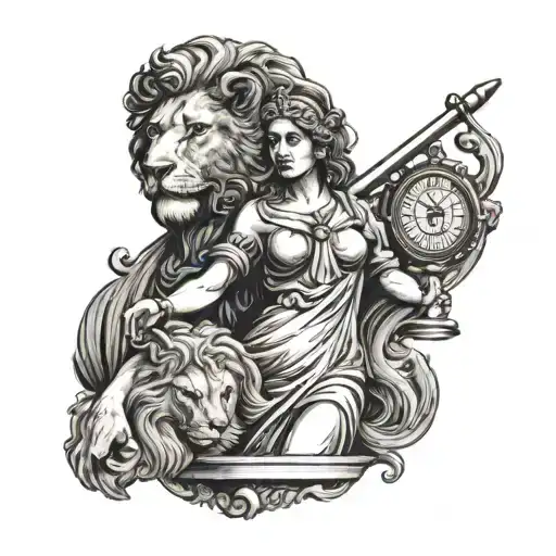 lady justice and lion tattoo design idea
