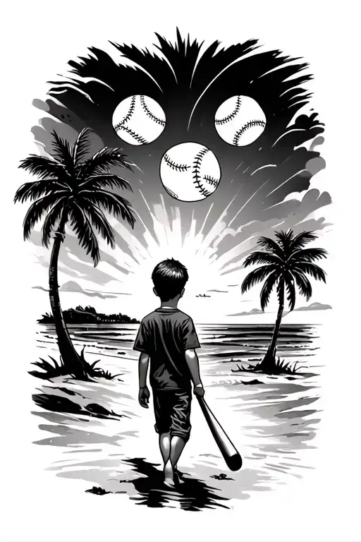little boy walking on beach with palm trees and his 3 big dreams above him in the sky, baseball, a family and Jesus  tattoo design idea