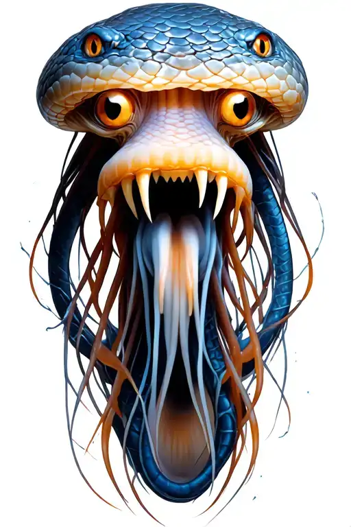 The head of the gorgona jellyfish, a lot of interwoven bodies of snakes, mouths are open and fangs, snakes with vertical pupils are visible. tattoo design idea