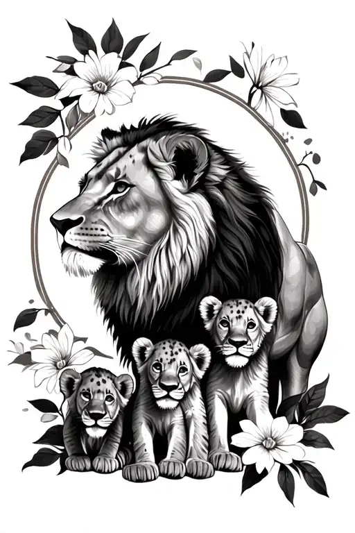 lioness with 2 cubs and flowers tattoo design idea