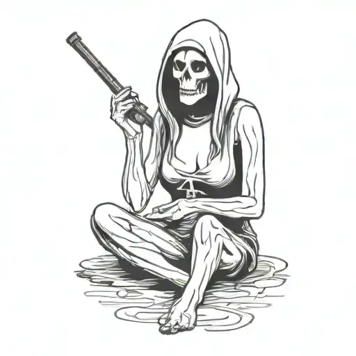 woman smoking a meth pipe with the grim reaper standing behind her tattoo design idea